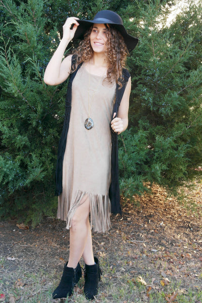 Birds Of A Feather Taupe Suede Dress - Purple Dot Fashion