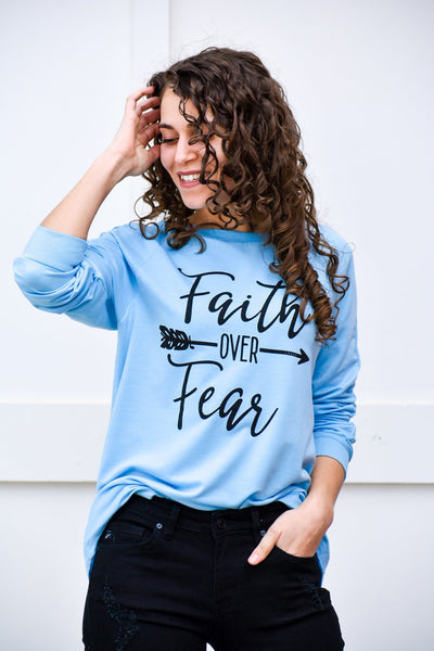 Faith Over Fear Light Blue Pullover Sweater - Purple Dot Fashion