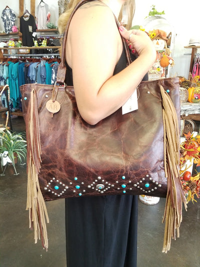 Leather with Turquoise Studs Tote Bag - Purple Dot Fashion