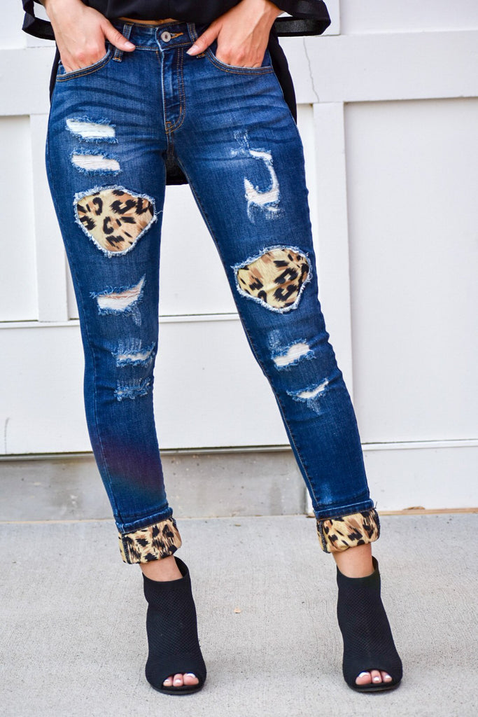 Kancan Jeans Leopard Patch Skinny Jeans Printed Denim Kancan